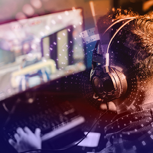 Video gamer in the midst of a game